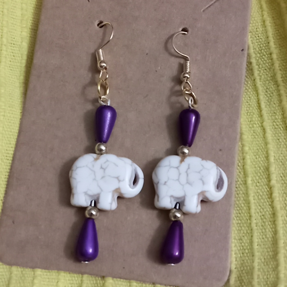 Hand Crafted purple and gold elephant white gemstone boho statement earrings